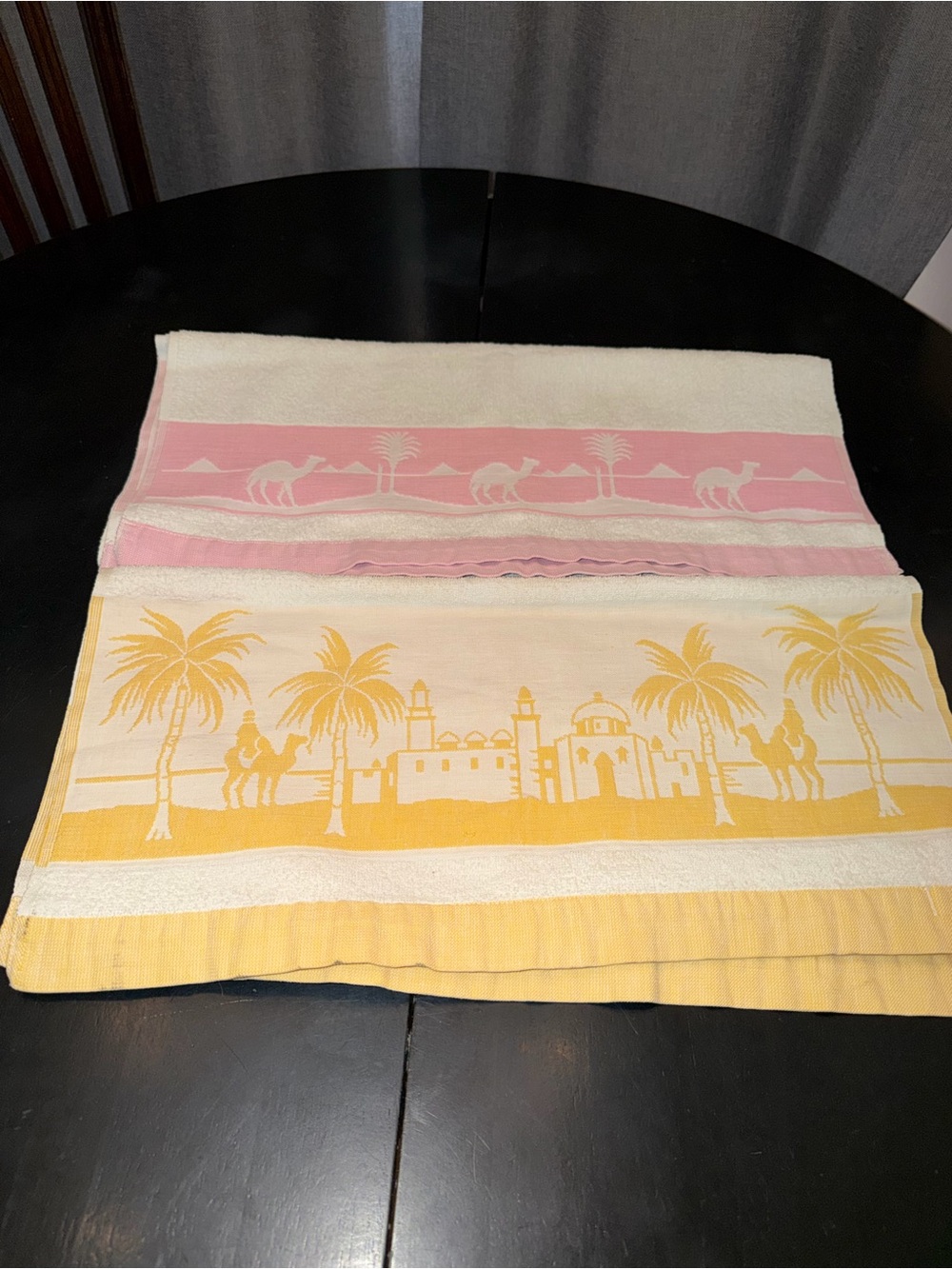 Two Vintage Cannon Towels Pink & Yellow Palm Camel Bathroom Towels -Cannon